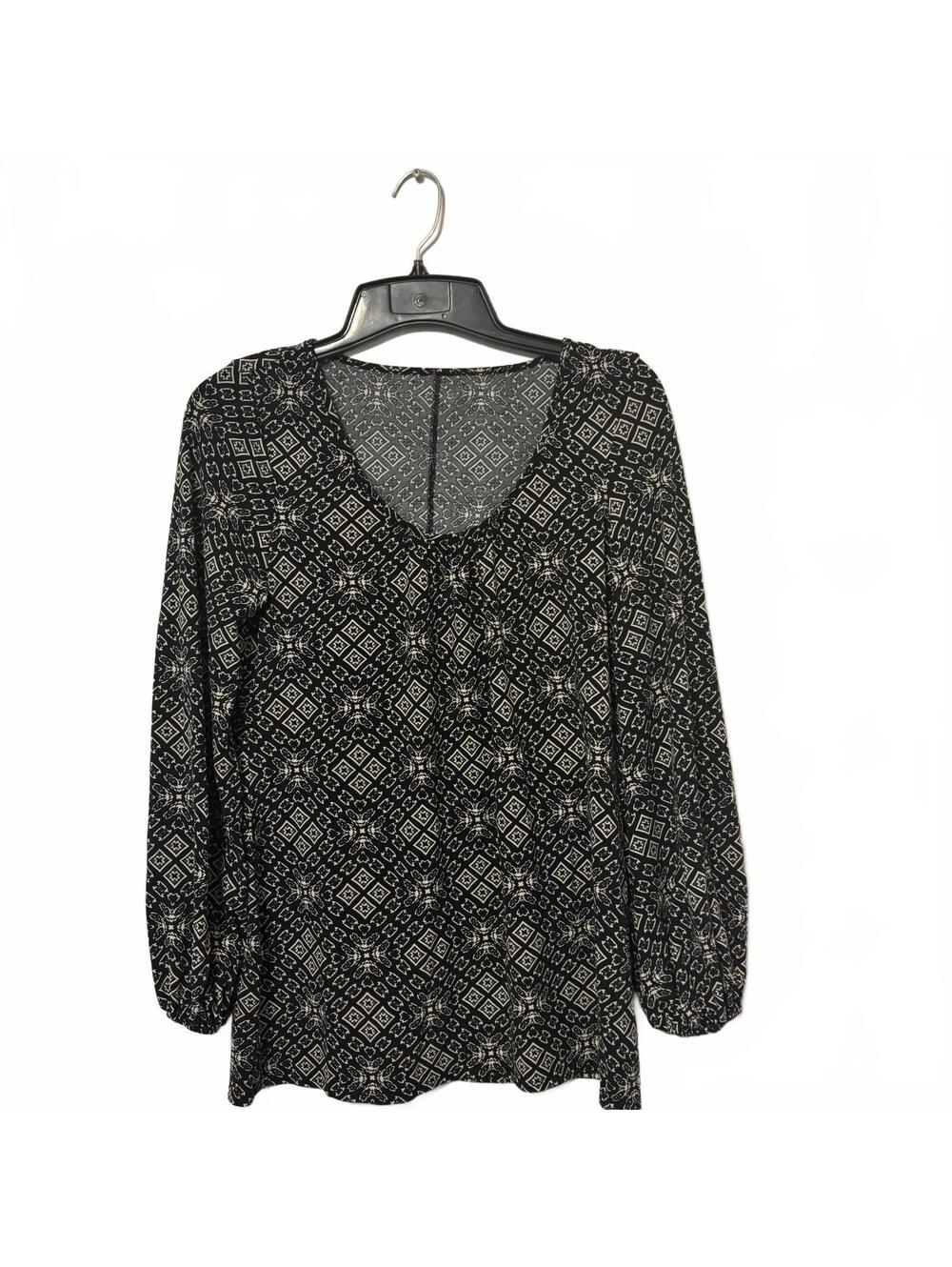 Bohemian Chic Flowy Black White Artsy Geometric Long Sleeve Blouse Women's Large